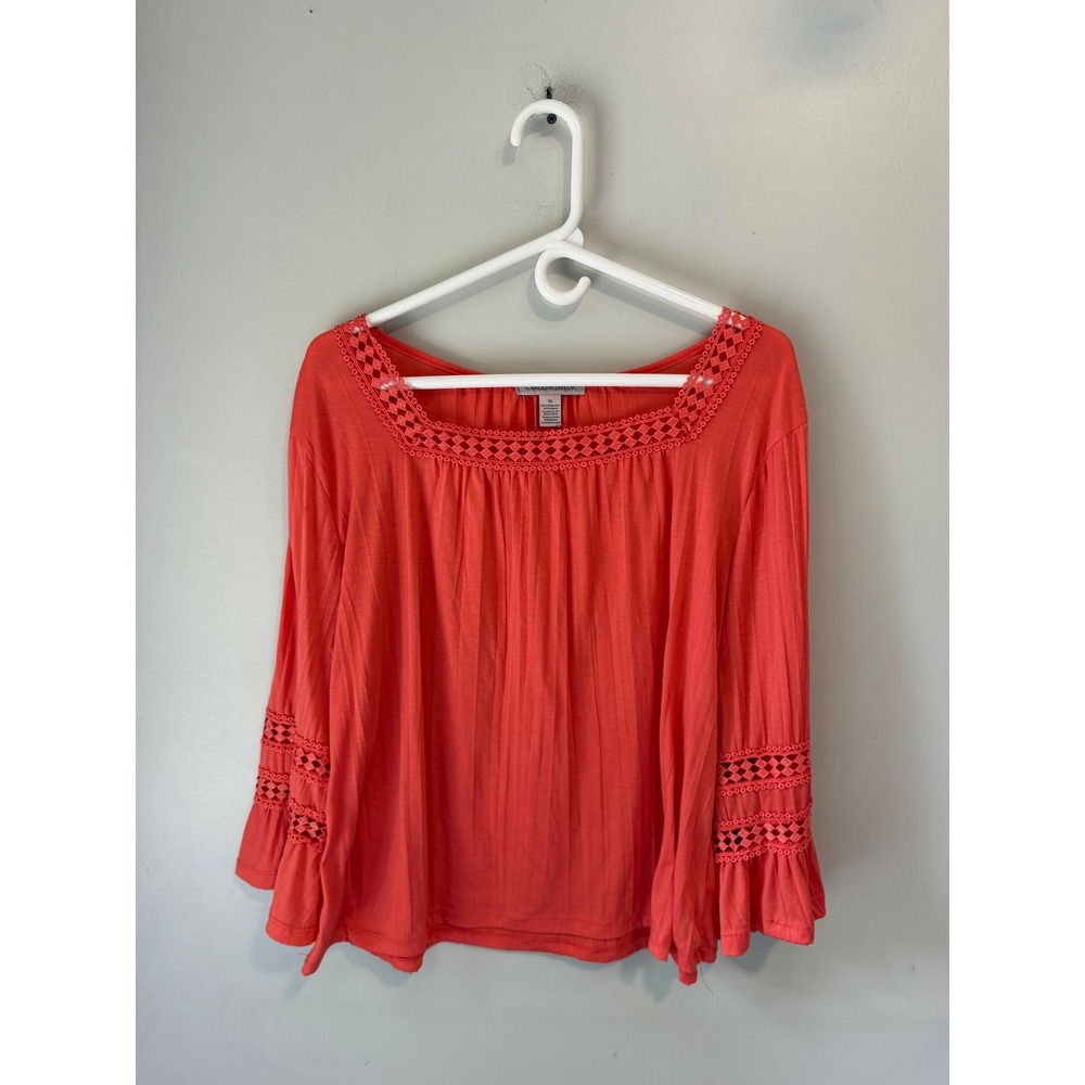 Carolyn Taylor Coral Orange Crochet Lace Trim Bell Sleeve‎ Blouse XL Ribbed Knit